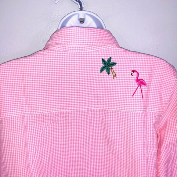 Quaker Factory Womens M Shirt Pink Checkered Flamingo Palm Trees Long Sleeve - Picture 7 of 9
